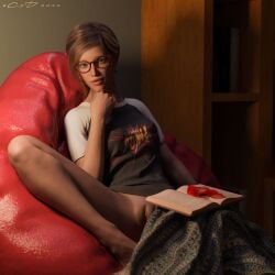 1girls 2022 2c3d 3d bottomless brown_hair clothed clothing female female_only glasses indoors looking_at_viewer panties reading red_panties seated solo solo_female