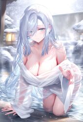 1girls ai_generated blue_eyes female female_focus female_only genshin_impact hot_spring inviting large_breasts light-skinned_female light_skin long_hair looking_at_viewer mochimochirice onsen semi-transparent shenhe_(genshin_impact) smile smiling smiling_at_viewer thick_thighs water wet wet_body wet_clothes wet_skin white_hair