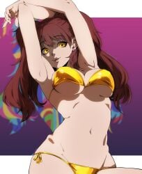 1girls armpits bikini brown_hair kujikawa_rise lipstick looking_at_viewer midriff persona persona_4 shadow_rise smile solo swimsuit twintails umenituru133 yellow_eyes