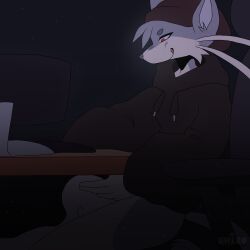 _0_strawberrymilk_0_(artist) anon anonymous_character anthro_on_human blowjob dark furry furry_male grey_fur grey_hair grinning hand_on_head happy hoodie_only male original rat red_eyes sitting_down smiling smiling_at_partner under_the_table