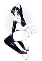 2020 anthro ass ass black_eyes black_hair bra choker clothed clothing crossdressing digital_media_(artwork) domestic_cat felid feline felis femboy footwear full-length_portrait fur furry girly gloves hair handwear hi_res jewelry latex latex_clothing latex_gloves latex_handwear latex_legwear looking_at_viewer looking_back male mammal mercy_(suelix) necklace panties portrait rear_view simple_background socks solo stirrup_socks stirrup_stockings stockings suelix thong underwear white_background white_body white_fur