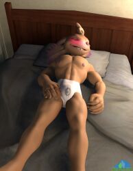 2024 3d albalbalb amphibian anthro axol axol_(smg4) axolotl bed bed_sheet bedding bedroom big_bulge blush bulge closed_eyes clothed clothing cum_on_underwear cumming_through_clothing furniture garry's_mod gmod hand_on_leg hand_on_thigh hi_res lying male marine mole_salamander muscular muscular_anthro muscular_male nipples pale_skin pecs pillow salamander sfm sleeping smg4 smile solo source_filmmaker underwear underwear_only watermark