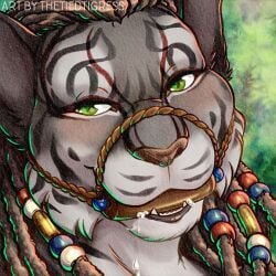 beads bethesda_softworks bite_gag black_stripes bodily_fluids dreadlocks drooling felid feline_ears female fur gag gagged green_eyes grey_body grey_fur headshot_portrait khajiit low_res mammal muzzle_(object) portrait red_face_paint rope rope_muzzle saliva simple_background solo stripes talaji-daro the_elder_scrolls the_elder_scrolls_online thetiedtigress