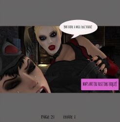 2girls 3d alstair2 batman:_arkham_city batman_(series) catwoman catwoman_(arkham) catwoman_(arkham_city) comic comic_page cuntbusting dc dc_comics harley_quinn harley_quinn_(arkham) harley_quinn_(arkham_city) low_blow multiple_girls selina_kyle