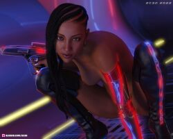 1girls 2022 2c3d 3d black_hair brown_eyes dark-skinned_female dark_skin earrings female female_only holding_gun holding_object holding_weapon kneehighs looking_at_viewer medium_breasts sci-fi science_fiction solo solo_female tagme