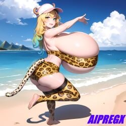 ai_generated beach bikini blonde_hair dragon_girl dragon_horns from_behind gigantic_breasts hat heterochromia huge_breasts hyper_breasts kobayashi-san_chi_no_maidragon lucoa lucoa_(maidragon) mexico quetzalcoatl_(dragon_maid) rainbow_hair thighhighs tiger_print tiger_tail