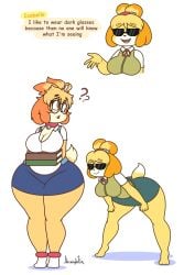 animal_crossing big_breasts breasts derpybelle female isabelle_(animal_crossing) jhenightfox oblivious thick_thighs unaware white_background wide_hips