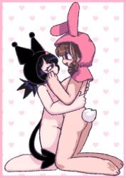 bangs black_hair brown_hair bunny_ears bunny_tail butt demon_tail devil_tail eyelashes female/female female_only functionally_nude functionally_nude_female hand_on_back hand_on_cheek hand_on_face hands_on_back heart humanized kuromi light_skin light_skinned_female light_skinned_females looking_at_another my_melody nude onegai_my_melody open_mouth pale_skin pale_skinned_female pubic_stubble sanrio simple_background staring_at_another tail touboutenshi yuri