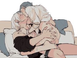 2boys ahoge anal apollo_justice ass bed bed_sheet black_shirt blonde_hair blush bottomless bracelet color cowgirl_position cum cum_drip cum_in_ass cum_inside cum_on_body cum_on_chest cum_on_upper_body cum_while_penetrated erection functionally_nude gyakuten_saiban hand_on_another's_ass hand_on_another's_shoulder kissing klapollo klavier_gavin kneeling male_penetrated male_penetrating male_penetrating_male nennen610 open_shirt partially_clothed passionate penis pillow ring short_hair sweat trembling underwear underwear_down white_background white_shirt yaoi