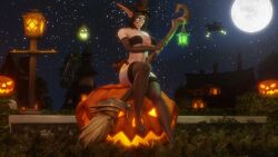 3d bra broom elf female glowing_eyes halloween jack-o'-lantern kynalea_dawnfire morilymory night_elf stockings witch_hat world_of_warcraft