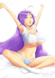 ankle_socks anklehighs arms_up breasts closed_eyes covering_nipples crop_top female female_only heart_panties heart_print human kainkout large_breasts long_hair moe_ninja_girls navel no_bra open_mouth original panties purple_hair simple_background sitting socks solo tengge_yomoda underboob underwear very_long_hair white_background white_socks