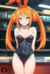 ai_generated animal_ears arms_behind_back ass_visible_through_thighs bar_(place) bare_legs bare_shoulders black_leotard blue_eyes blush breasts cleavage covered_navel cowboy_shot detached_collar fake_animal_ears female hair_between_eyes leotard long_hair looking_at_viewer medium_breasts neptunia_(series) orange_hair orange_heart pikkiwynn playboy_bunny power_symbol rabbit_ears solo symbol-shaped_pupils thigh_gap twintails uzume_tennouboshi