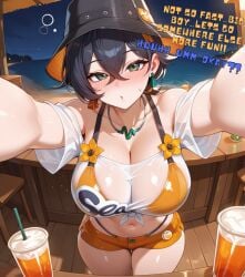 2d beach belle_(zenless_zone_zero) big_breasts bikini blush blush blushing_at_viewer drunk large_breasts pov reaching_towards_viewer short_hair shorts thick thick_thighs zenless_zone_zero