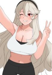 belly belly_button big_breasts bow bra closed_eye closed_eyes corrin_(female)_(fire_emblem) corrin_(fire_emblem) corrin_(fire_emblem)_(female) eyebrows eyebrows_visible_through_hair fire_emblem fire_emblem_fates fire_emblem_heroes gray_hair kgctcg leggings long_hair peace_sign pointy_ears red_eyes smile smiling smiling_at_viewer sports_bra stomach tank_top tight_clothes tight_clothing tight_fit tight_pants tights white_background white_body white_hair white_skin workout workout_clothes