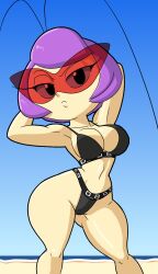 1girls angry angry_expression angry_face antennae antennae_(anatomy) anthro artist_name beach bikini bikini_bottom bikini_top black_bikini black_eyes bug eyeliner female glasses hands_behind_head humanoid only_female pose posing_for_picture posing_for_the_viewer purple_hair red_glasses short_hair smooth_skin tansau visible_ass visible_cheeks voluptuous voluptuous_female white_body white_skin