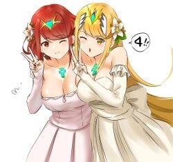 2girls blonde_hair breasts bridal_gauntlets bride core_crystal detached_sleeves dress earrings hair_flower large_breasts long_hair looking_at_viewer mitsugu mythra nintendo pyra red_eyes red_hair short_hair tiara v wedding_dress white_dress wife_and_wife xenoblade_(series) xenoblade_chronicles_2 yellow_eyes yuri