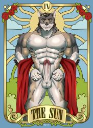 2023 absurd_res anthro canid canine canis card coyote echo_(series) echo_project erection fur genitals hair hi_res humanoid_genitalia humanoid_penis jirux male mammal muscular muscular_anthro muscular_male nipples nude pecs penis solo tarot tarot_card text the_smoke_room william_adler