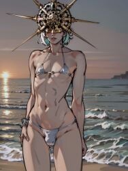 1boy ai_generated androgynous beach bikini crotch_bulge dark_souls dark_sun_gwyndolin femboy flat_chest fromsoftware girly groupstation hand_on_hip hi_res legwear mask masked masked_male navel ocean otoko_no_ko solo solo_male stable_diffusion standing sunset trap water