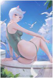 beach belly_button big_ass blue_eyes blush breasts butt_crack furry_ears furry_tail lifeguard looking_at_viewer nipples_visible_through_clothing oc one-piece_swimsuit original_character qizhu seaside short_hair sideboob slim_waist smiling_at_viewer tail teenager water wet_body wet_skin white_hair wide_hips