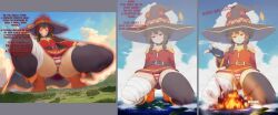 1girls 3koma ai_generated cameltoe dspaceous english_text explosion female giantess growth kneeling kono_subarashii_sekai_ni_shukufuku_wo! megumin solo solo_female squatting