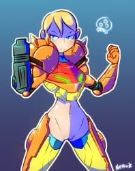 1girls armor armored_samus blonde_hair blue_eyes bottomless female female_only human human_only metroid midriff navel nekuzx nintendo power_armor power_suit pussy samus_aran solo solo_female varia_suit zero_suit