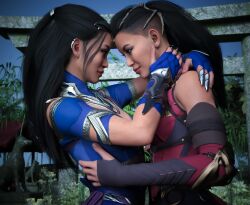 2girls 3d black_hair clone dancing edenian embrace eye_contact female female_only fingerless_gloves forehead_to_forehead fully_clothed hand_on_hip hand_on_waist kitana kitana_(new_era) kiteena long_hair mileena mileena_(new_era) mortal_kombat mortal_kombat_1_(2023) neck_grab outside pose princess rayalterego23 royalty sisters smile temple touching_face wholesome wrapped_around_another