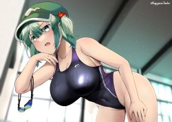 black_one-piece_swimsuit blue_eyes blue_hair blush breasts cloud competition_swimsuit cowboy_shot female flat_cap goggles green_headwear hair_bobbles hair_ornament hat highleg highleg_swimsuit highres kagiyama_shachou kawashiro_nitori leaning_forward lens_flare looking_at_viewer medium_breasts medium_hair nitori_kawashiro one-piece_swimsuit outdoors sidelocks sky solo sun sweat swimsuit touhou two_side_up unworn_goggles