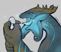 2022 after_kiss ambiguous_gender anon anthro artist_name bald big_mouth blue_tongue blush dragon elder_dragon eyeless_male gaismagorm horns humanoid male male_only monster monster_hunter no_visible_genitalia panting saliva saliva_string saliva_trail size_difference teratophilia tongue_out white_skin yamapollogee