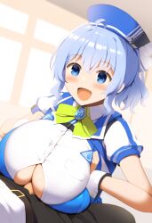 ai_generated blue_eyes blue_hair female huge_breasts magia_record:_mahou_shoujo_madoka_magica_gaiden mahou_shoujo_madoka_magica nai_diffusion paizuri paizuri_under_clothes penis smile underboob utsuho_natsuki