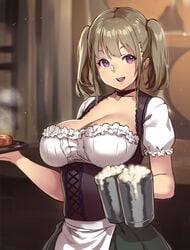 1girls blonde_hair breasts cleavage corset female houtengeki human large_breasts pointy_chin purple_eyes smile solo tavern tied_hair twintails waitress