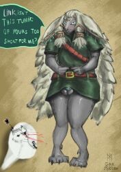 anthro blush bottomwear clothed clothing clothing_lift girly gram_berserkr hi_res link male nintendo rauru_(tears_of_the_kingdom) shirt short_clothing skirt skirt_lift solo tears_of_the_kingdom the_legend_of_zelda topwear tunic wolf_link zonai