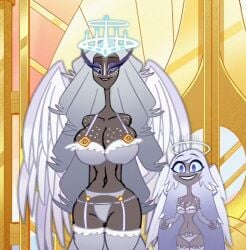 2angels 2girls angel angel_wings big_breasts catholic christianity cute edited_screencap emily_(hazbin_hotel) female female_only grey_skin halo hazbin_hotel lingerie milf minigonchar monster_girl public_domain religion sera_(hazbin_hotel) white_hair