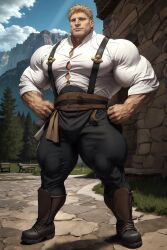 ai_generated blonde_hair fire_emblem fire_emblem:_three_houses garreg_mach_monastery_uniform large_pectorals larger_male muscular muscular_male raphael_kirsten thick_thighs