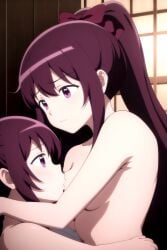 2girls ai_generated amane_tsukasa amane_tsukuyo brown_eyes brown_hair female female_focus female_only human human_only lactation licking licking_nipples long_hair magia_record:_mahou_shoujo_madoka_magica_gaiden mahou_shoujo_madoka_magica puella_magi_madoka_magica sucking sucking_nipples twins white_skin