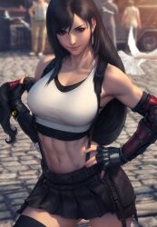 1girls abs artgerm bird black_hair blurry blurry_background brown_eyes crop_top dangle_earrings dove earrings female final_fantasy final_fantasy_vii final_fantasy_vii_remake fingerless_gloves gloves hand_on_own_hip highres jewelry long_hair low-tied_long_hair navel skirt smile solo_focus stanley_lau stomach suspender_skirt suspenders tank_top teardrop_earrings thighhighs tifa_lockhart toned very_long_hair white_tank_top