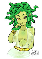 demon erect_nipples erect_nipples_under_clothes female gorgon looking_at_viewer medusa monster_girl my_pet_tentacle_monster see-through snake solo