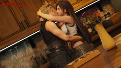 2k 3d 3d_(artwork) big_breasts blender blender_(software) blender_cycles blonde_hair brown_hair chocolate closed_eyes cloud_strife crop_top dark_brown_hair ember21hk embrace final_fantasy final_fantasy_vii final_fantasy_vii_remake flowers hi_res hugging kissing long_hair male/female red_lipstick sfw short_hair skirt square_enix tifa_lockhart valentine's_day