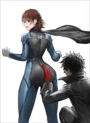 akira_kurusu ass ass_play atlus black_hair brown_hair clothing collar female fist fully_clothed funny hand_between_asscheeks hand_in_ass human joker_(persona) looking_back makoto_niijima male megami_tensei pale_skin persona persona_5 phantom_thief_suit queen_(persona) red_eyes red_gloves ren_amamiya sega shocked shocked_expression short_hair skin_tight squatting standing tight_clothing