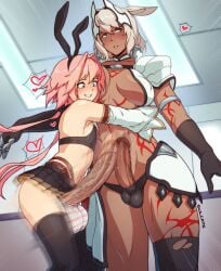 1boy animal_ears astolfo_(fate) astolfo_(saber)_(fate) black_gloves black_skirt blue_eyes breasts caenis_(fate) compare_cocks covered_nipples dark-skinned_female dark_skin elbow_gloves erection fake_animal_ears fate/grand_order fate_(series) female femboy frottage futanari gloves hairband heart highres hug large_breasts long_hair navel parted_lips penis pink_hair pleated_skirt purple_eyes rabbit_ears short_hair skirt sulcate testicles veins veiny_penis white_hair