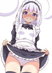 absurdres apron black_bow black_bowtie black_dress black_thighhighs blue_eyes blunt_bangs blush bob_cut bow bowtie closed_mouth clothes_lift collared_shirt dress dress_lift embarrassed female frilled_dress frills from_below highres hikuchi_riku konpaku_youmu lifted_by_self long_sleeves looking_at_viewer maid maid_apron maid_headdress nose_blush panties shirt short_hair simple_background solo tears thighhighs thighs touhou underwear wavy_mouth white_background white_hair white_panties white_shirt youmu_konpaku youmu_konpaku_(ghost)