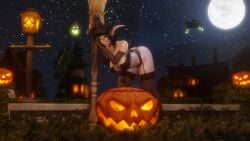 3d bent_over bra broom elf female glowing_eyes halloween jack-o'-lantern kynalea_dawnfire morilymory night_elf stockings witch_hat world_of_warcraft