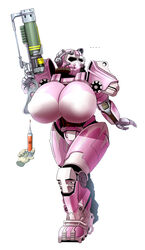 breast_expansion breasts fallout fallout_4 huge_breasts large_breasts laser_gun long_gun power_armor sinensian syringe t-60 thick weapon white_background