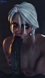 1boy 1girls 3d blowjob blowjob_face ciri dark-skinned_male dark_skin fellatio green_eyes huge_cock interracial looking_at_viewer mascara_tears sfmlover22 the_witcher_(series) white_hair