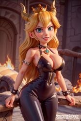 ai_generated blonde_hair blue_eyes bowsette_(cosplay) choker crown horn leather_clothing mario_(series) new_super_mario_bros._u_deluxe princess_peach princess_peach_(movie) stickyspoodge super_mario_bros._(2023_film)