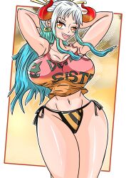 1girls bare_arms bare_legs bare_shoulders bare_thighs big_breasts bikini bikini_bottom clothed clothing color female female_focus female_only hi_res horns large_breasts light-skinned_female light_skin one_piece orange_eyes shirt shounen_jump side-tie_bikini solo solo_female tagme tank_top thick_thighs vilang534 white_hair wide_hips yamato_(one_piece)