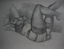 deviantart faceless_female laying_on_bed legs_up lingerie_only medium_breasts traditional_art turbodrawage