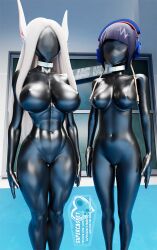 2girls 3d ass black_skin bodysuit breasts clothing drone faceless_female female female_focus female_only jirou_kyouka jpeg kyoka_jiro latex latex_clothing latex_suit miruko my_hero_academia standing supercasket thighs usagiyama_rumi