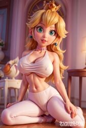 ai_generated blonde_hair blue_eyes bra breasts choker crown earrings gym_uniform mario_(series) princess_peach princess_peach_(movie) stickyspoodge super_mario_bros._(2023_film) white_skin yoga_pants