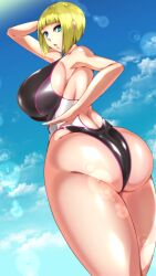 1girls arm_behind_head arm_up ass ass_bigger_than_head ass_focus back_view backless_swimsuit bare_shoulders bare_thighs big_ass big_breasts blonde_hair blue_eyes blush bob_cut breasts_bigger_than_head byakkun byakkun_(byakkun8181) female female_only huge_ass huge_breasts large_breasts light_particles looking_at_viewer looking_back mature mature_female naruto naruto_(series) naruto_shippuden one-piece_swimsuit one_arm_up pose posing rear_view sagging_breasts samui short_hair solo solo_focus sunlight swimsuit thick_thighs thighs tight_swimsuit voluptuous voluptuous_female