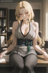 1girl ai_generated bangs bare_shoulders blonde_hair breasts cleavage collarbone facial_mark forehead_mark hi_res high_quality high_resolution indoors japanese_clothes large_breasts long_hair looking_at_viewer naruto_(series) obi patreon sash seductive sexy sitting sleeveless smile solo tsunade uncensored watermark
